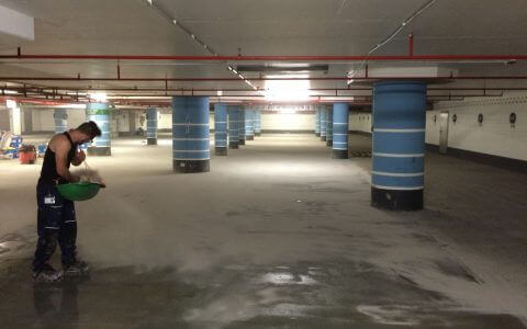 Protection of an old bituminous finish with QF EPT in the Eurotower Frankfurt parking garage, main office of the ECB